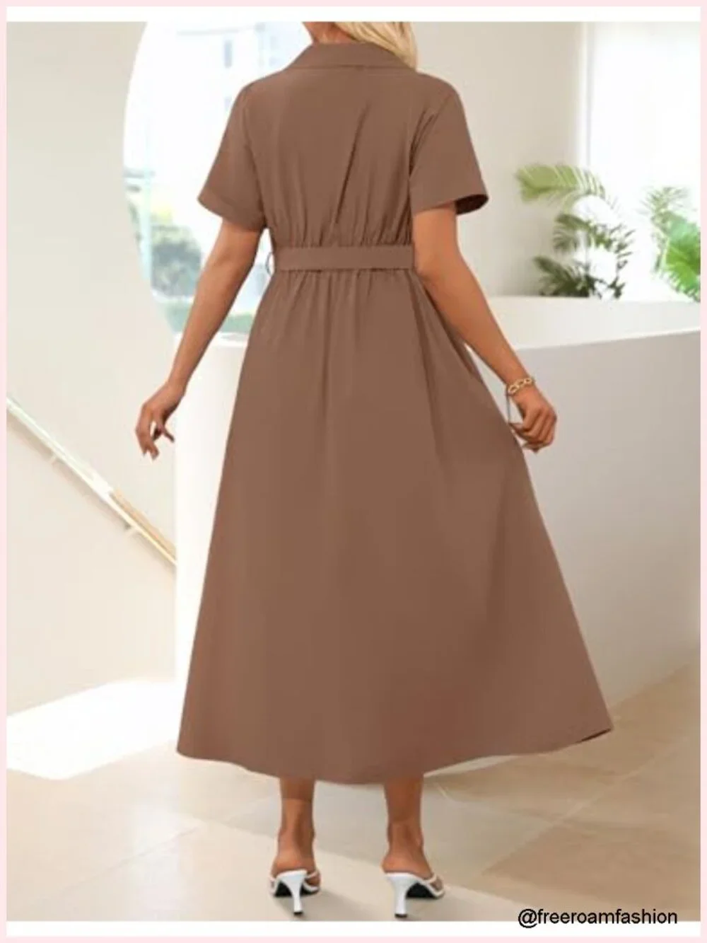 Short Sleeve Midi Dress with Pockets, Button Down, A-Line, Belt, Business Casual
